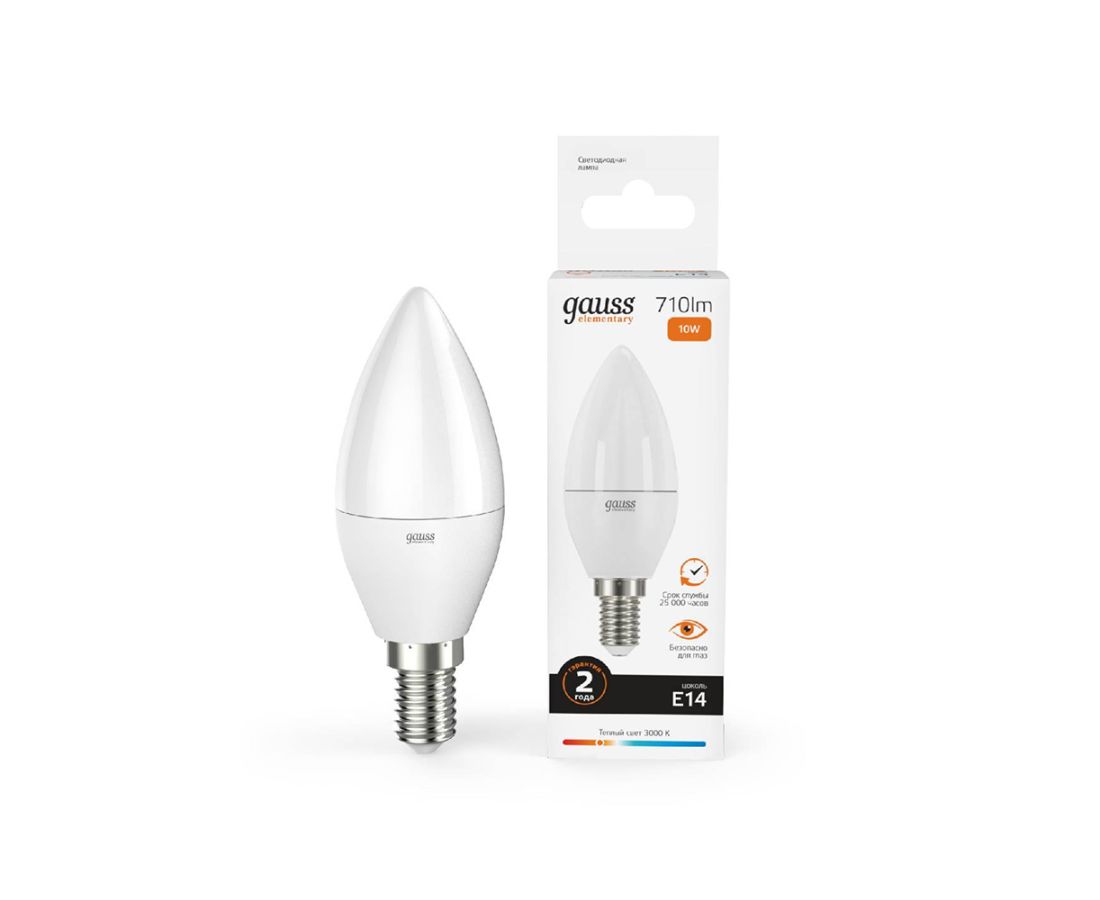 ნათურა10W 710lm 3000K Е14 LED 1/10/1 Gauss Elementary Candle — ნათურა და ვაზნა